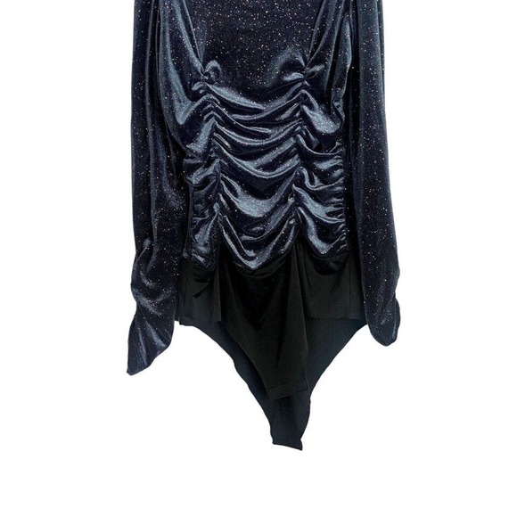 ZARA Navy Blue Ruched Velvet Glitter Mock Neck Long-sleeve Bodysuit - Picture 6 of 9